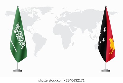 Saudi Arabia and Papua New Guinea flags for official meeting against background of world map.