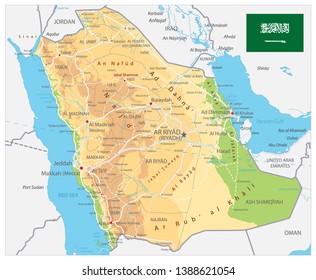 Saudi Arabia Physical Map - Image contains layers with shaded contours, land names, city names, water objects and it's names, highways - Highly detailed vector illustration.