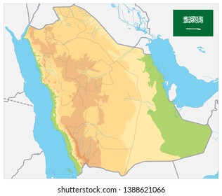 Saudi Arabia Physical Map - No text - Image contains layers with shaded contours and water objects - Highly detailed vector illustration.