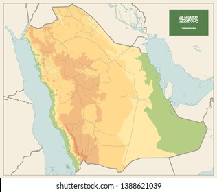 Saudi Arabia Physical Map Vinatge Colors - No text - Image contains layers with shaded contours and water objects - Highly detailed vector illustration.