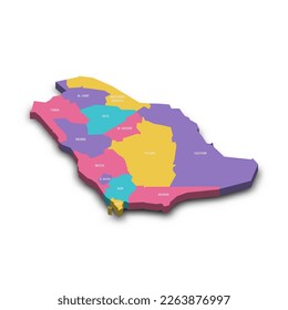 Saudi Arabia political map of administrative divisions - provinces or regions. Colorful 3D vector map with dropped shadow and country name labels.