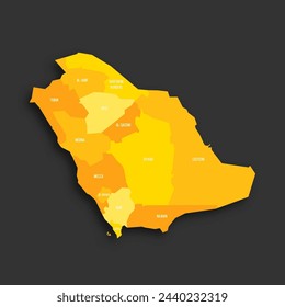 Saudi Arabia political map of administrative divisions - provinces or regions. Yellow shade flat vector map with name labels and dropped shadow isolated on dark grey background.