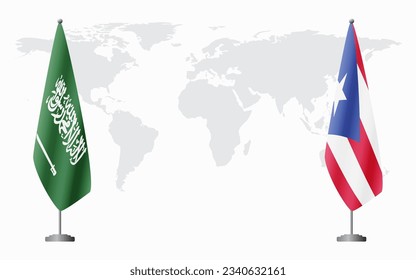 Saudi Arabia and Puerto Rico flags for official meeting against background of world map.