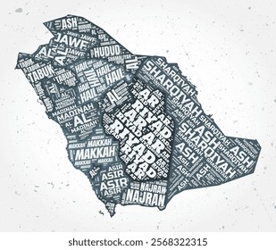 Saudi Arabia regions word clouds. Country shape on textured background. Saudi Arabia design in typographic style. Amazing vector illustration.