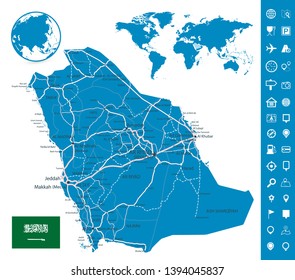 Saudi Arabia Road Map and Map Navigation Set - Image contains layers with map contours, land names, city names and roads - Highly detailed vector illustration.