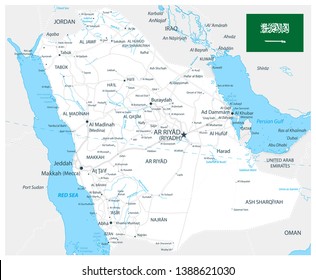 Saudi Arabia Road Map White Color - Image contains layers with map contours, land names, city names, water objects and it's names, highways - Highly detailed vector illustration.