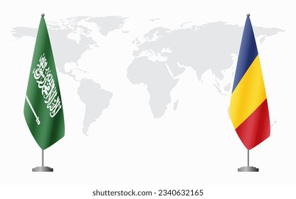 Saudi Arabia and Romania flags for official meeting against background of world map.