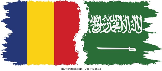 Saudi Arabia and Romania grunge flags connection, vector