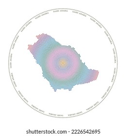 Saudi Arabia round logo. Digital style shape of Saudi Arabia in dotted circle with country name. Tech icon of the country with gradiented dots. Captivating vector illustration.
