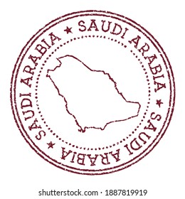 Saudi Arabia round rubber stamp with country map. Vintage red passport stamp with circular text and stars, vector illustration.