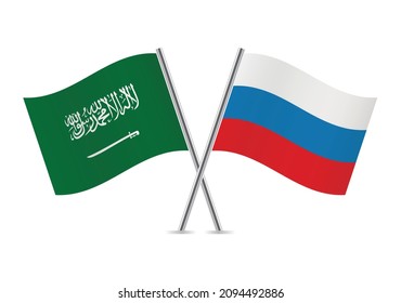 Saudi Arabia and Russia flags. Saudi and Russian flags isolated on white background.  Vector illustration.