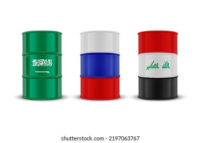 Saudi Arabia, Russia, Iraq Oil, Embargo Concept. Vector 3d Realistic Metal Enamel Oil Barrel Isolated. Crude, Oil Barrel Design Template