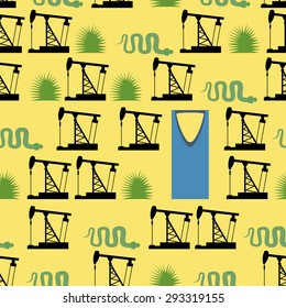 Saudi Arabia seamless pattern. Desert and oil pumps, snakes, and cacti. Kingdom tower is a business and convention center of Riyadh city. Vector background