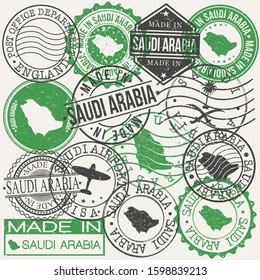 Saudi Arabia Set of Stamps. Travel Passport Stamp. Made In Product. Design Seals Old Style Insignia. Icon Clip Art Vector.