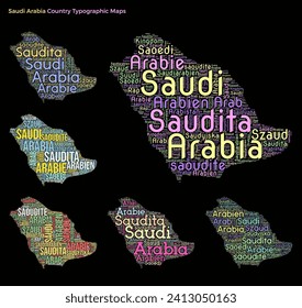 Saudi Arabia. Set of typography style country illustrations. Saudi Arabia map shape build of horizontal and vertical country names. Vector illustration.
