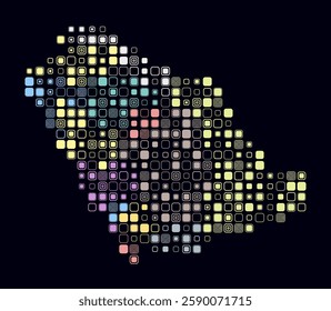 Saudi Arabia, shape of the country build of colored cells. Digital style map of the Saudi Arabia on dark background. Large size rounded square blocks. Plain vector illustration.