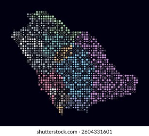 Saudi Arabia, shape of the country built of colored cells. Digital style map of Saudi Arabia on a dark background. Small size circle blocks. Amazing vector illustration.