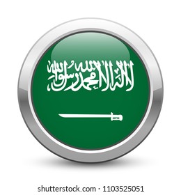Saudi Arabia - shiny metallic button with national flag. Saudi Arabian symbol isolated on white background. Vector EPS10
