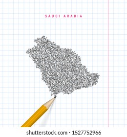 Arabia Saudita esboza un mapa de garabatos dibujado en un fondo de papel de cuaderno a cuadros. Mapa vector dibujado a mano de Arabia Saudita. Lápiz 3D realista.