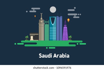 Saudi Arabia skyline - flat design - vector illustration- night - KSA 
