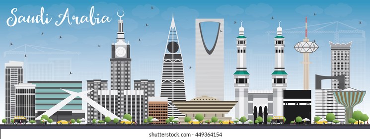 Saudi Arabia Skyline with Landmarks and Blue Sky. Vector Illustration. Business Travel and Tourism Concept. Image for Presentation Banner Placard and Web Site.