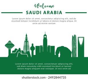 Saudi-Arabiens Skyline. Diese Abbildung stellt das Land mit seinen bemerkenswertesten Gebäuden dar. Vektorgrafik ist vollständig editierbar, jedes Objekt ist ganzheitlich und beweglich