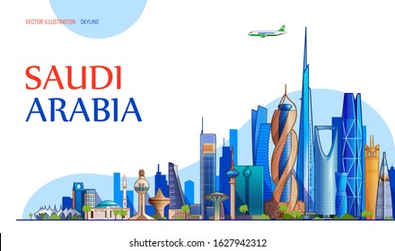 Saudi Arabia skyline vector illustration.  Most popular buildings and landmark, landing page template. Easy to edit and customize.
