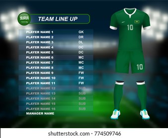 Saudi Arabia Soccer Jersey Kit With Team Line Up Board On Soccer Stadium And Crowd Fan With Spot Light Backdrop On Night Time. Concept For Asian Football Match Result Background In Vector Illustrative