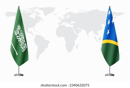 Saudi Arabia and Solomon Islands flags for official meeting against background of world map.