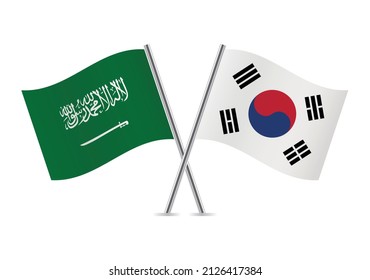 Arabia Saudita y Corea del Sur cruzaron banderas. Banderas de Arabia Saudita y Corea del Sur, aisladas de fondo blanco. Conjunto de iconos del vector. Ilustración vectorial.