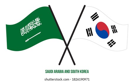 Saudi Arabia and South Korea Flags Crossed And Waving Flat Style. Official Proportion. Correct Colors.