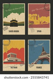 Saudi Arabia, Spain, Vietnam, France Most Famous Attractions Postcard Set. Kaaba, Castle, Mausoleum, Eiffel Tower Most Popular Places Illustrations, Vector Templates Retro Style Greeting Cards