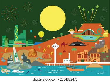 Saudi Arabia symbols and images for tourism or national day. Editable Clip Art.