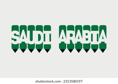 Saudi Arabia text with Pencil symbol creative ideas design. Saudi Arabia flag color concept vector illustration. Saudi Arabia typography negative space word vector illustration