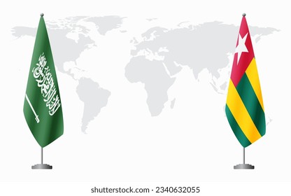 Saudi Arabia and Togo flags for official meeting against background of world map.