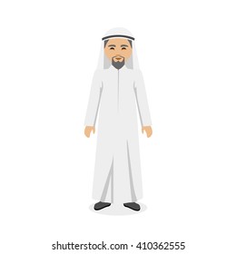 Saudi Arabia traditional clothes people. Arab traditional muslim, arabic man clothing, east arabian dress, ethnicity islamic face with beard, person human guy vector illustration