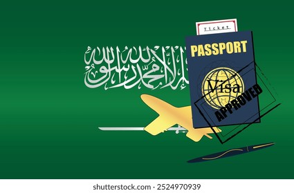 Saudi Arabia Travel Documentation Concept with blue Passport and Saudi Arab Flag. Approved Stamp. Airplane and Travel Tickets. Ideal for Immigration Tourism and Traveling Themes. Vector EPS available