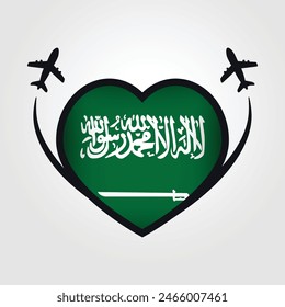 Saudi Arabia Travel Heart Flag With Airplane Icons