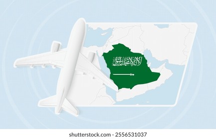 Saudi Arabia Travel Illustration with Plane and National Flag. Ideal for travel agencies, promotional materials, or geographic content related to Saudi Arabia.