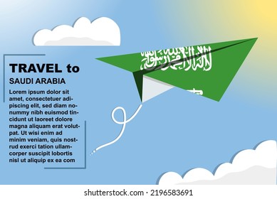 Saudi Arabia travel vector banner with paper flag and text space, Saudi Arabia country flag on paper plane, holiday and vacation concept, summer travel template and pattern, flight ticket idea