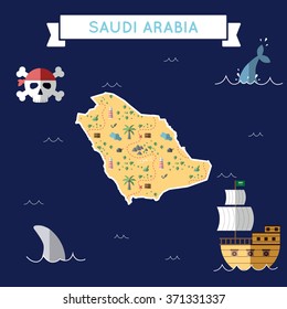 Saudi Arabia treasure map in flat design. Colorful cartoon treasure map of Saudi Arabia with flat design icons of pirate ship and jolly roger. Saudi Arabia flat design vector illustration.