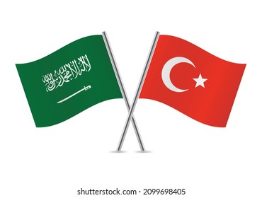 Saudi Arabia and Turkey crossed flags. Saudi Arabian and Turkish flags isolated on white background. Vector icon set. Vector illustration.