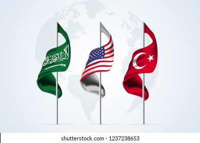 Saudi Arabia And Turkey Flag With USA Flag. Vector Illustration