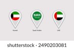 Saudi Arabia, UAE, Kuwait flags map pins isolated icons vector illustration. Arabic states location point. Official symbols stickers signs with state name. KSA, The United Arab Emirates markers badges