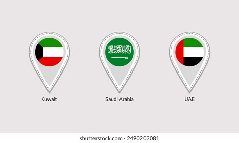 Saudi Arabia, UAE, Kuwait flags map pins isolated icons vector illustration. Arabic states location point. Official symbols stickers signs with state name. KSA, The United Arab Emirates markers badges