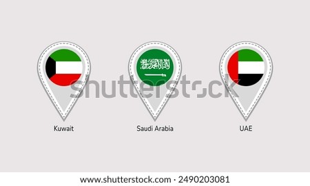 Saudi Arabia, UAE, Kuwait flags map pins isolated icons vector illustration. Arabic states location point. Official symbols stickers signs with state name. KSA, The United Arab Emirates markers badges