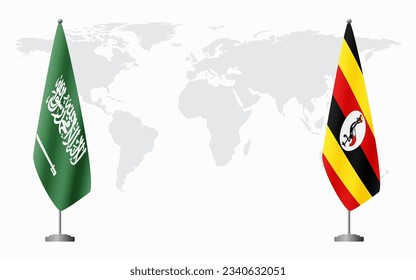 Saudi-Arabien und Uganda Flaggen für offizielle Treffen vor dem Hintergrund der Weltkarte.