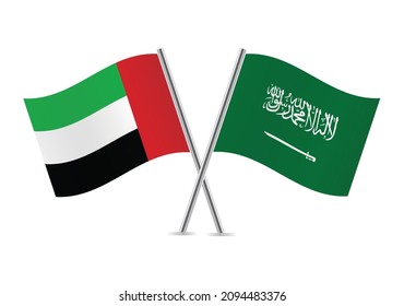 Saudi Arabia and United Arab Emirates flags. Saudi and UAE flags isolated on white background.  Vector illustration.