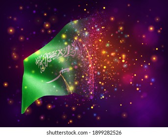Saudi Arabia, vector 3d flag on pink purple background with lighting and flares