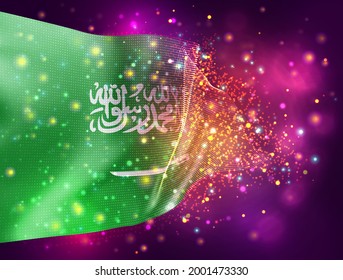 Saudi Arabia,  vector 3d flag on pink purple background with lighting and flares